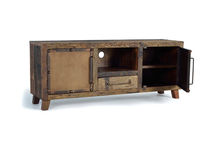 GINER Y COLOMER Mueble TV de madera reciclada y metal con puertas oxidadas